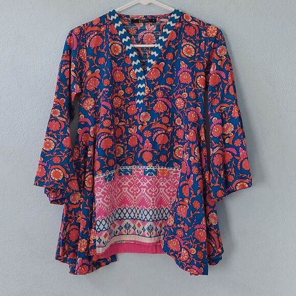 Khaadi Tops - Khaadi Women's Intricate Multicolor Damask Print Shark Hem Trapeze Top